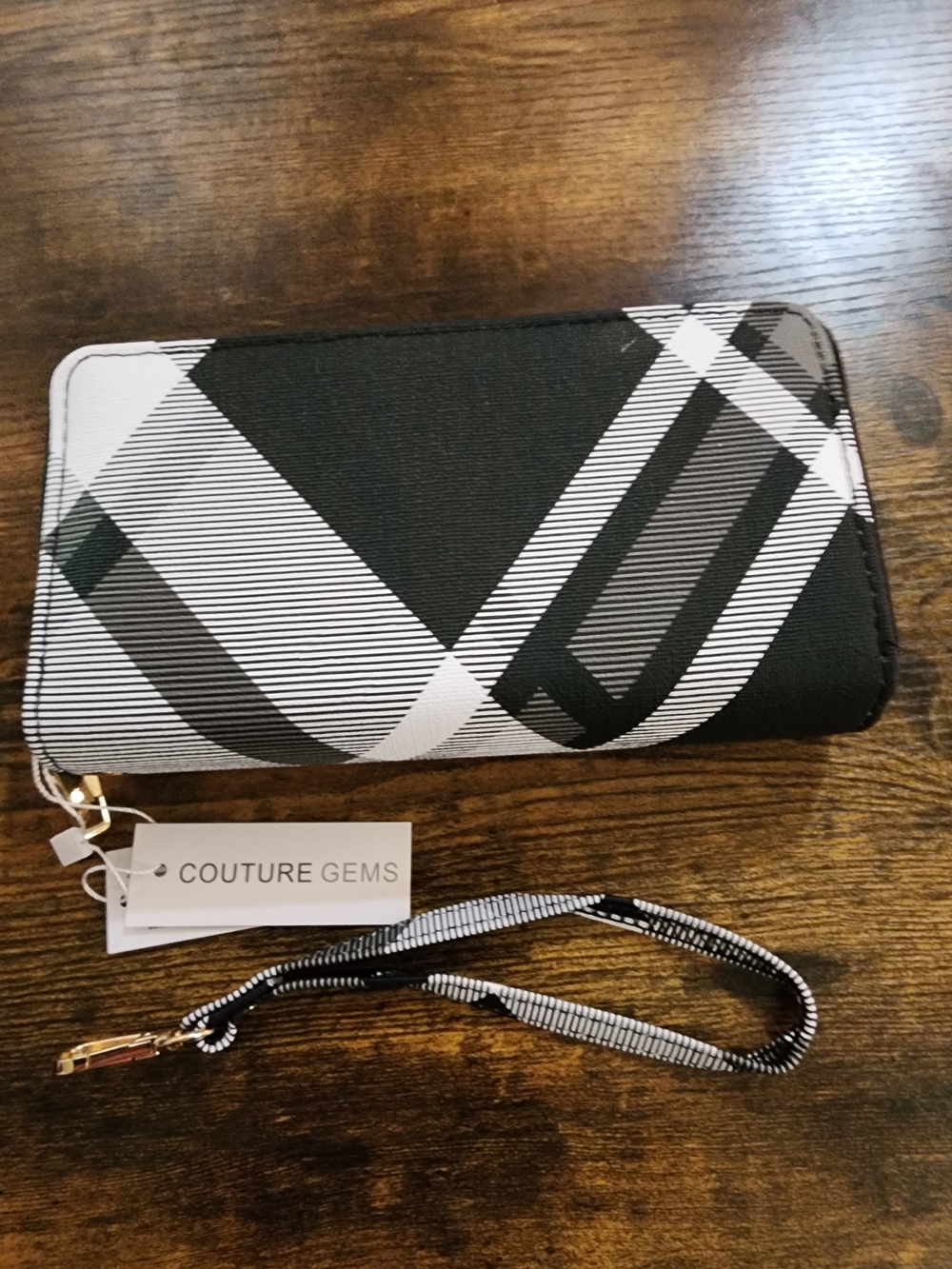Couture Gems Black & White Geometric Wristlet Wallet Double Zip